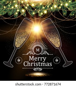 Christmas Design Template with Champagne Glasses, Gold Effects, Bow, and Flash light.