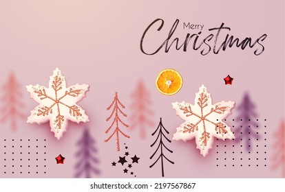 Christmas design template with cookies and orange slices. Tasty winter space.