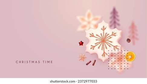 Christmas design template with cookies and orange slices. Tasty winter space