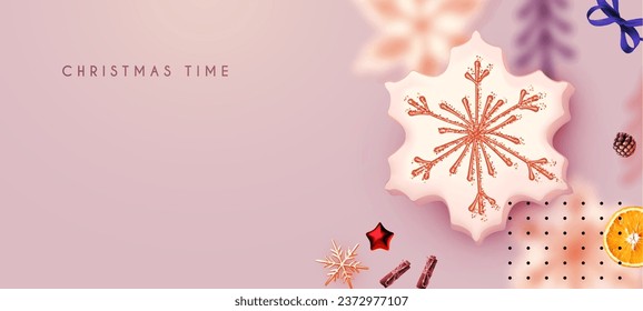 Christmas design template with cookies and orange slices. Tasty winter space