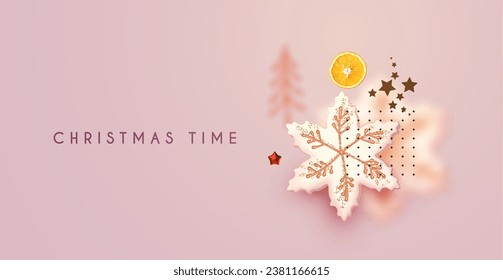 Christmas design template with cookies and orange slices. Tasty winter space