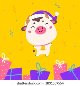 Christmas design template with cute ox.2021 sale.Christmas banner.Xmas bull jumps on a festive abstract background.New year design of poster, card, headers website.Vector cartoon illustration