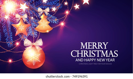Christmas Design Template with Fir Tree Branches, Gold Christmas Toys, Stars and Shining Lights on Blue Background. Vector illustration