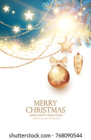 Christmas Design Template with Fir Tree Branches, Gold Christmas Toys, Stars and Shining Lights on White Background.