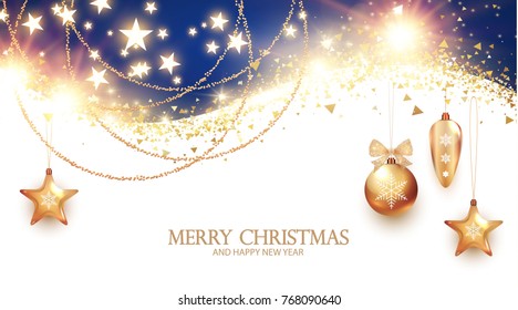 Christmas Design Template with Fir Tree Branches, Gold Christmas Toys, Stars and Shining Lights on White Background.