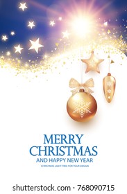 Christmas Design Template with Fir Tree Branches, Gold Christmas Toys, Stars and Shining Lights on White Background.