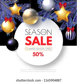 Christmas Design Template. Holiday Background Background with Realistic Golden Balls and Stars, Black Balls, Red Bows and Fir Tree Branches. Vector illustration