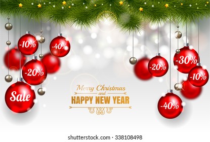 Christmas Design Template of Holiday Sale, Red christmas balls  on white background with snowflake stars and christmas tree, Sale 10%, 20%, 30%, 40%. Merry Christmas and happy new year