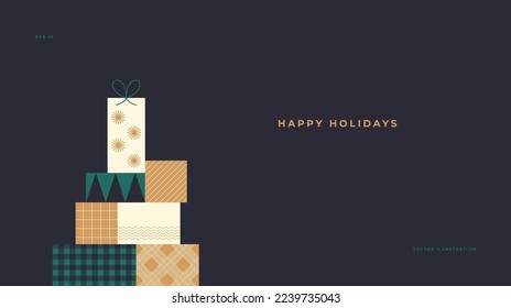 Christmas design template. Minimalist horizontal banner with gifts. Vector illustration.