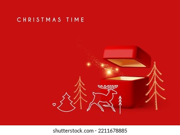 Christmas design template with open gift box and line art New Year celebration elements