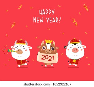 Christmas design template with oxen in traditional costume.Cute bulls with gold money.New year design of poster, card, headers website and sale concept.Vector cartoon illustration on white background.