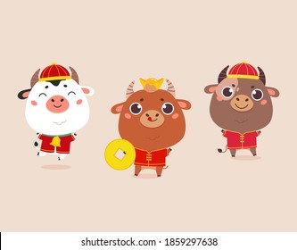 Christmas design template with oxen in traditional costume.Cute bulls with gold money.New year design of poster, card, headers website and sale concept.Vector cartoon illustration on white background.