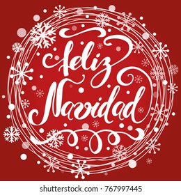 Christmas design template. Winter holiday calligraphy sign decorated snowflakes and text Merry Christmas. Vector illustration Phrase for banner, invitation, congratulation, card Inscription in Spanish
