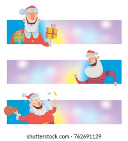 Christmas design templates with funny smiling Santa Claus. Santa Claus brings presents in boxes. Christmas banner or header for website with copy space. Cartoon vector characters.