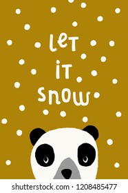 Christmas design with text "Let It Snow", white snowflakes and a bear looking at them on gold background. Cute and creative greeting card, wall art, poster design.