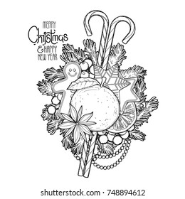 Christmas design with traditional treats, holly and fir branches. Vector card isolated on white background. Coloring book page design for adults and kids.