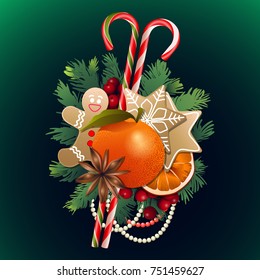 Christmas design with traditional treats, holly and fir branches. Vector card