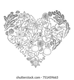 Christmas design with traditional treats, holly and fir branches in the shape of heart. Vector card isolated on white background. Coloring book page design for adults and kids.