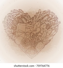 Christmas design with traditional treats, holly and fir branches in the shape of heart. Vector card isolated on the vintage background.