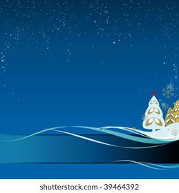 Christmas design with christmas tree, snowflakes,  scrolls and copy space.