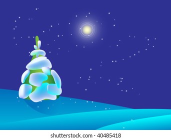 Christmas design with trees, moon and stars. Vector illustration contains meshes.