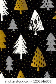 Christmas design with trees in white, gray and gold on black background. Cute and modern greeting card, nursery wall art, poster design.