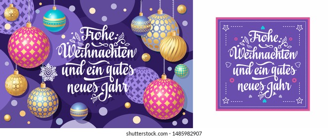 Christmas design in trendy colors. Greeting card in German. Frohe Weihnachten German text with 3d gold balls and bauble golden glitter gift box Christmas Weihnachten Christmas Golden Christmas Trend