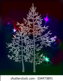 Christmas design with two sparkling young firs, realistic detailed needles. New year decoration. Vector illustration on dark background. 