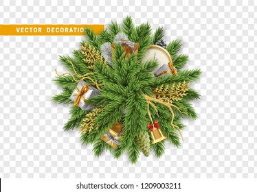 Christmas design vector background. A bundle of pine branches into a round sphere and the holiday Xmas decoration object, gift boxes, antique clocks, golden bell