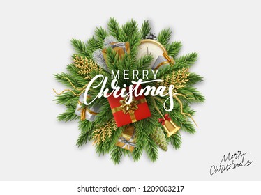 Christmas design vector background. A bundle of pine branches into a round sphere and the holiday Xmas decoration object, gift boxes, antique clocks, golden bell