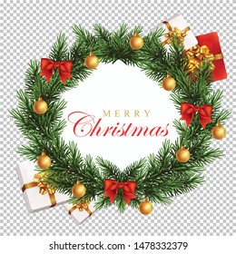 Christmas design vector background. Bundle of pine branches, Xmas decoration object, gift box.