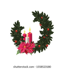 Christmas design vector. Bundle of pine branches, Christmas decoration object, flowers, poinsettias -  vector