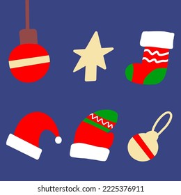 Christmas design vector collection, hat, socks, bell and candy hand drawing.