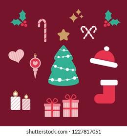 Christmas design vector elements. Flat design Xmas decorative items featuring Santa's sleigh, gifts, tree, candies, snowflake etc.
