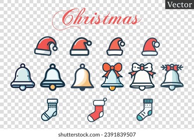 Christmas Design Vector Elements, Ring bell, Santa hat, socks