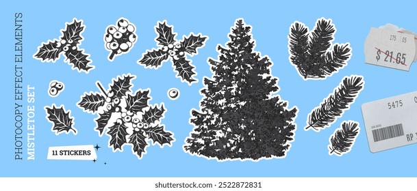 Christmas design. Vector with photocopy effects of mistletoe, pine, and holly. Includes colorful berries, leaves, and branches, ideal for holiday backgrounds.
