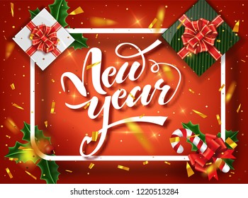 Christmas design vector template. Calligraphic "New year" Lettering Decorated. Christmas poster template. Vector illustration EPS10.