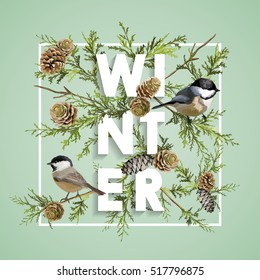 Christmas Design in Vector. Winter Birds with Pines Retro Background. T-shirt Fashion Graphic.