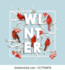 Christmas Design in Vector. Winter Birds with Rowan Berries Retro Background. T-shirt Fashion Graphic.