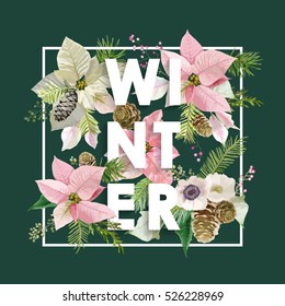 Christmas Design In Vector. Winter Flowers With Pines Retro Background. T-shirt Fashion Graphic.