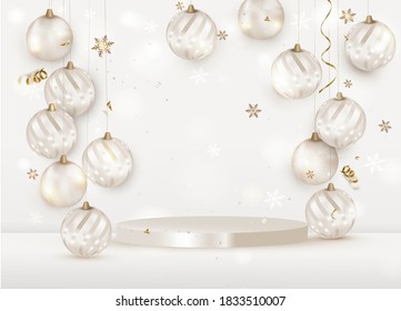 Christmas design with white christmas balls on a white podium.  Scene mockup. Anniversary. New Year greeting card, template for sales, promotion, invitation.Vector.