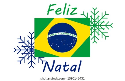 Christmas design, with yellow, blue and green elements of Brazilian flag. Feliz Natal.Translation: Happy Christmas. Greeting card, invitation card, poster, flyer, web banner, promotion. Vector EPS 10.