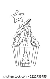 Christmas dessert in paper cup coloring page. Black and white dessert with cream. Color me. Isolated vector illustration eps