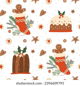 Christmas dessert seamless pattern. Pudding, gingerbread cookies repeat background in vector. Tasty winter holiday print, baking illustration, wallpaper, textile design. New Year food illustration.