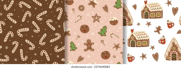 Christmas dessert seamless pattern set. Gingerbread house, cookies, pastry on pink. Vector repeat background. Tasty Christmas dessert print, surface design, wallpaper, fabric, wrapping paper, package.