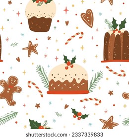 Christmas dessert seamless pattern. Vector Christmas holiday pudding, food, gingerbread, stars repeat background. Decorative baked Christmas cake wallpaper, wrap paper, cute childish textile design.