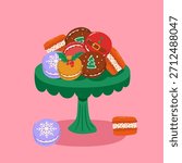 Christmas dessert stand with assorted holiday macarons. Cute winter sweets illustration perfect for bakery branding, festive cards, and seasonal advertising.