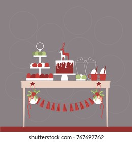 Christmas dessert table  with cake. Candy Buffet. Vector illustration.
