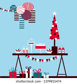 Christmas dessert table  with cake and gifts. Candy Buffet. Vector illustration.