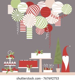 Christmas dessert table and paper lanterns. Candy bar with cakes. Vector illustration.